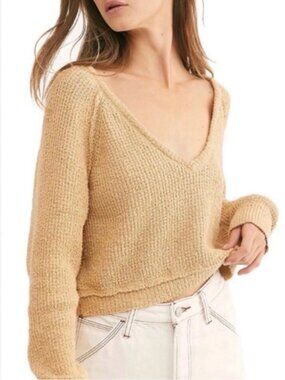 Free People | "Camel" Women's High Low V-Neck Cropped Sweater | Size Small